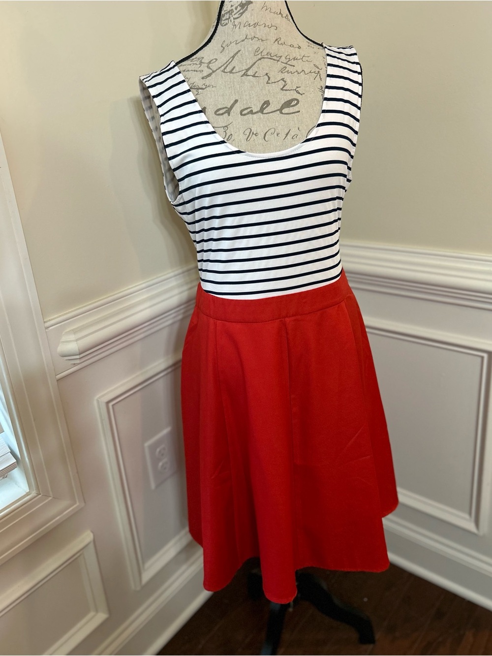 Classic Red A-Line dress black and white striped‎ chest